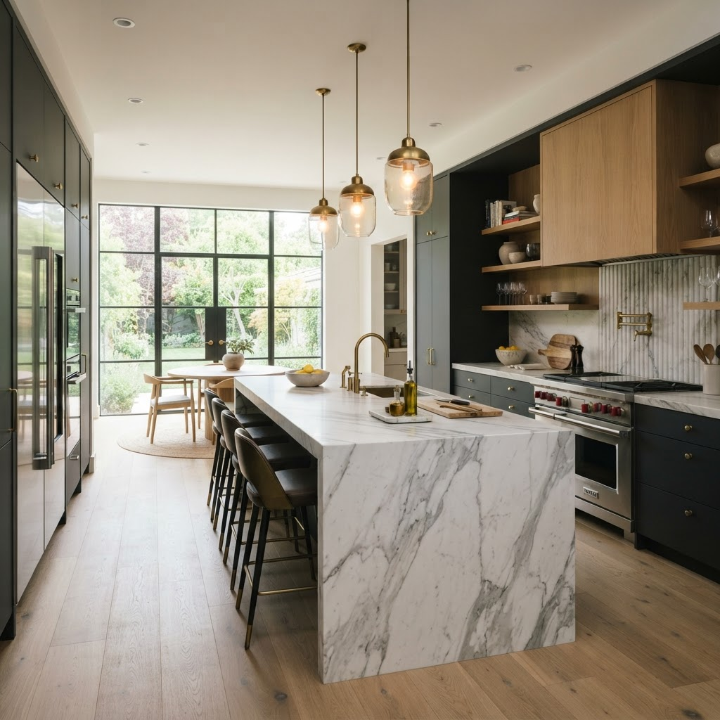 Luxury kitchen with marble island and brass fixtures
