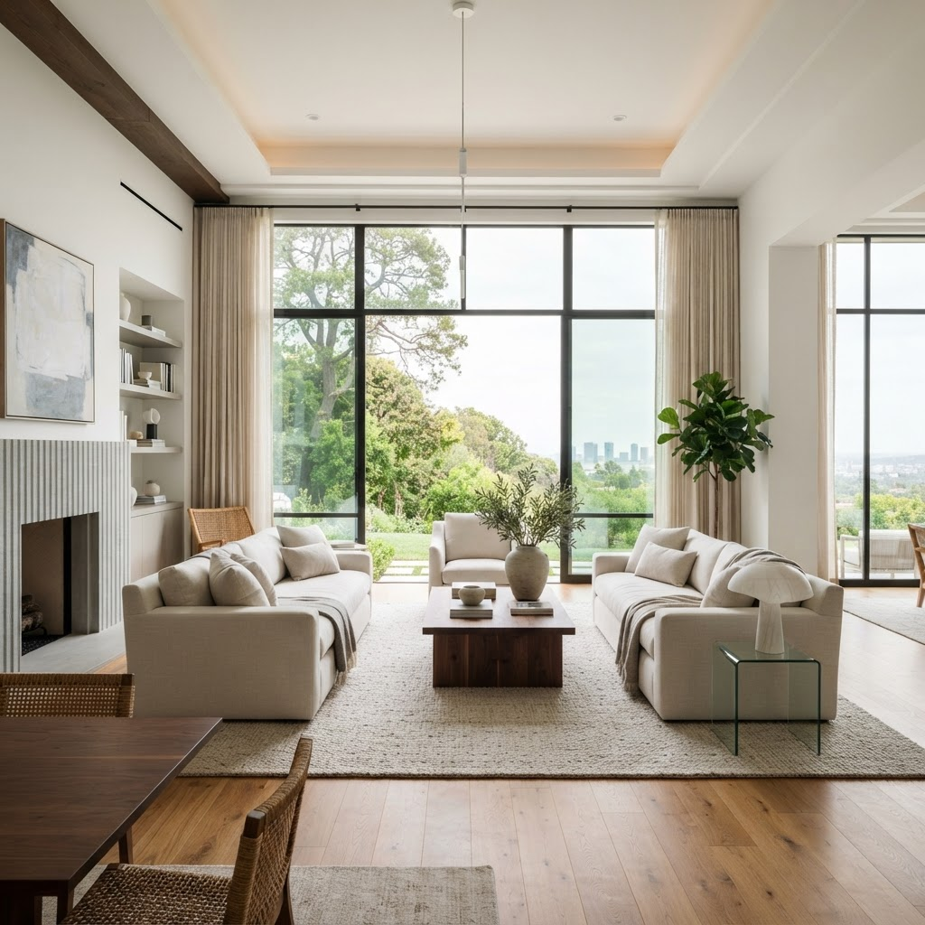 Bright modern living room with floor to ceiling windows