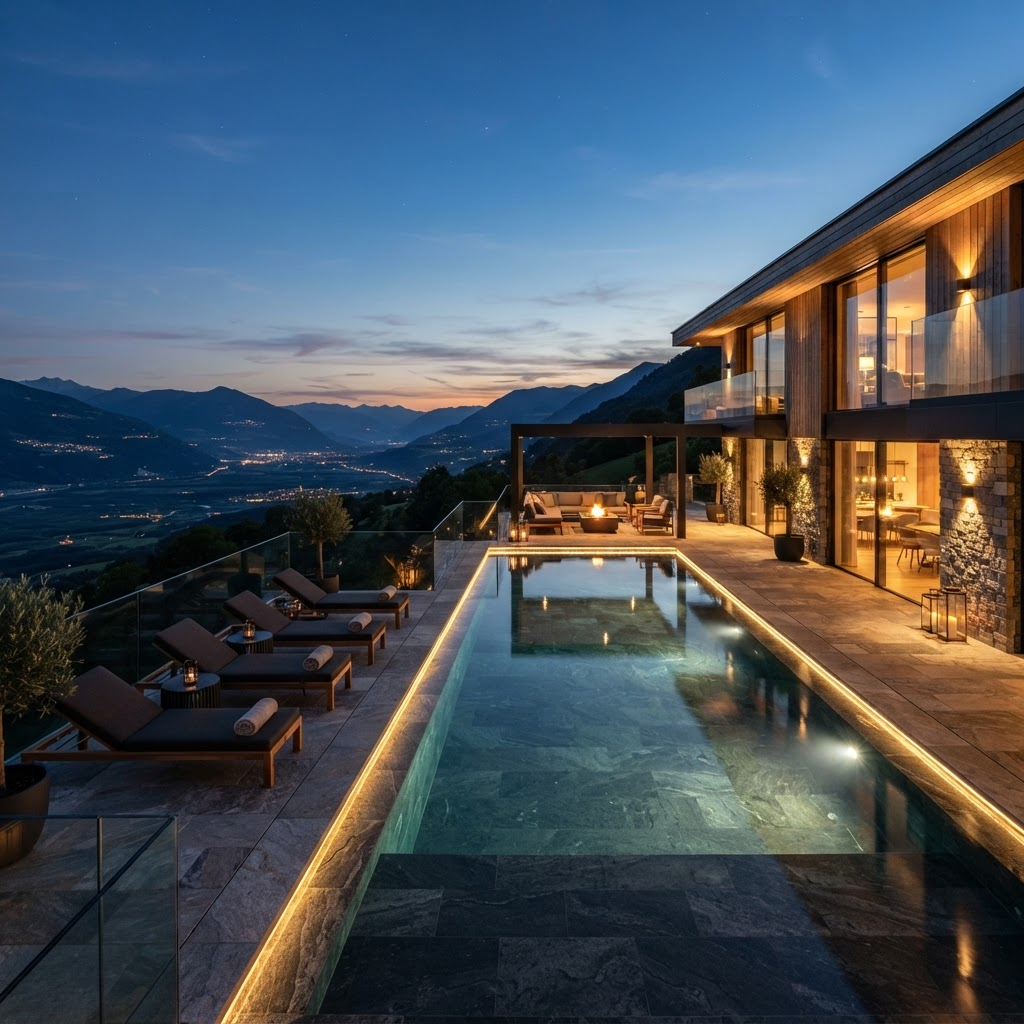Infinity pool terrace at dusk overlooking the valley
